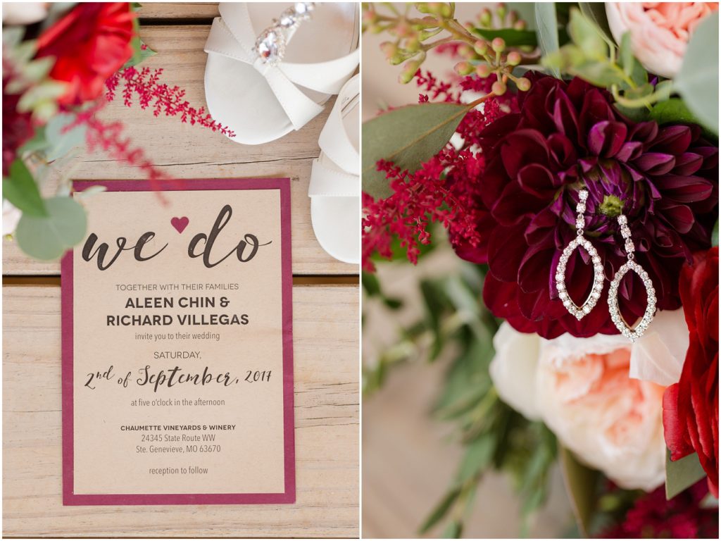 Chaumette Vineyards and Winery Wedding Ste. Genevieve Photographer Aleen and Rich wedding invitation and details