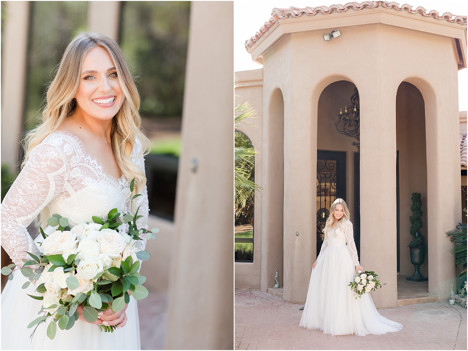 Intimate Backyard Wedding Tucson, AZ Chanel + Eddie bridal portrait and greenery bouquet