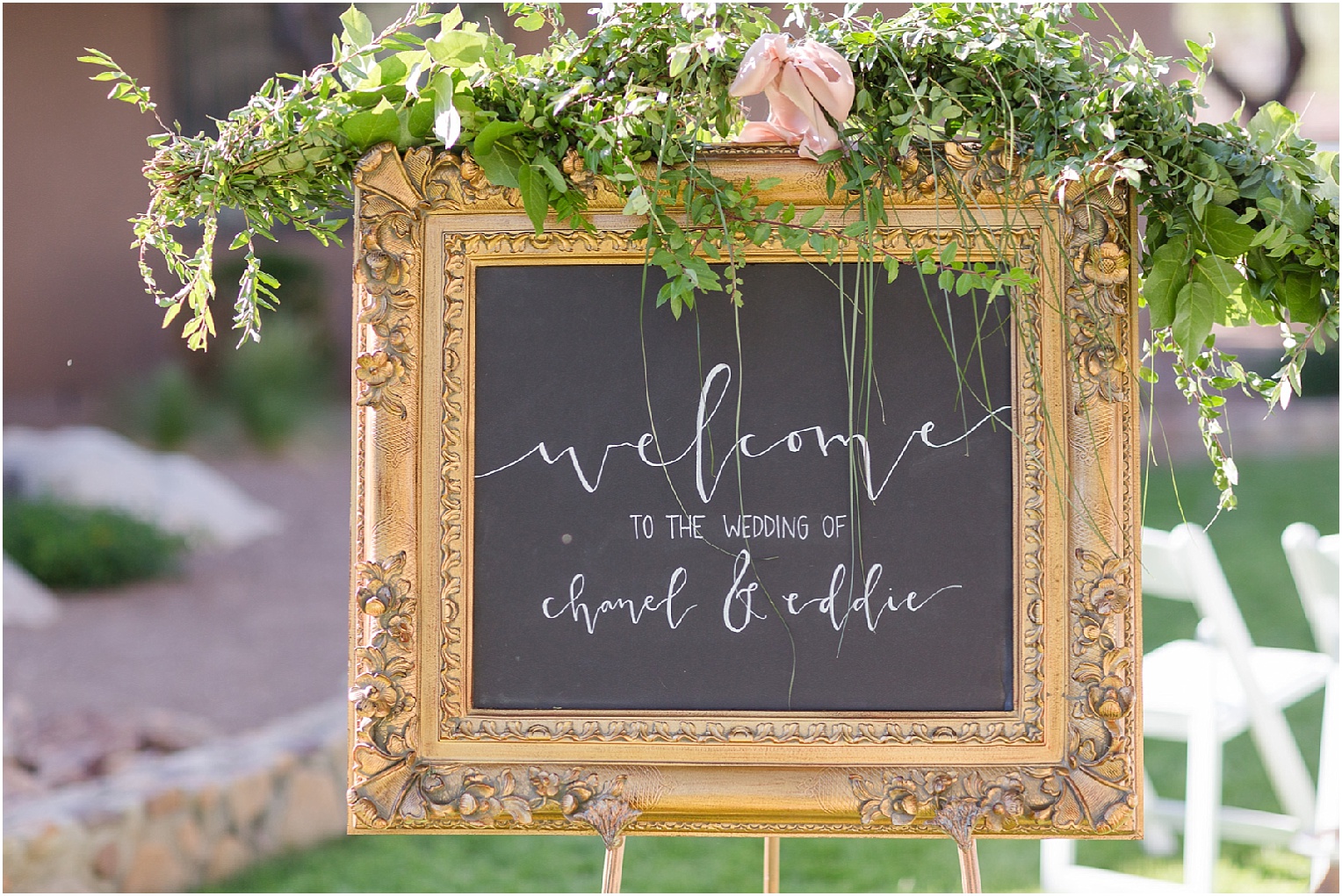 Intimate Backyard Wedding Tucson, AZ Chanel + Eddie calligraphy ceremony welcome sign