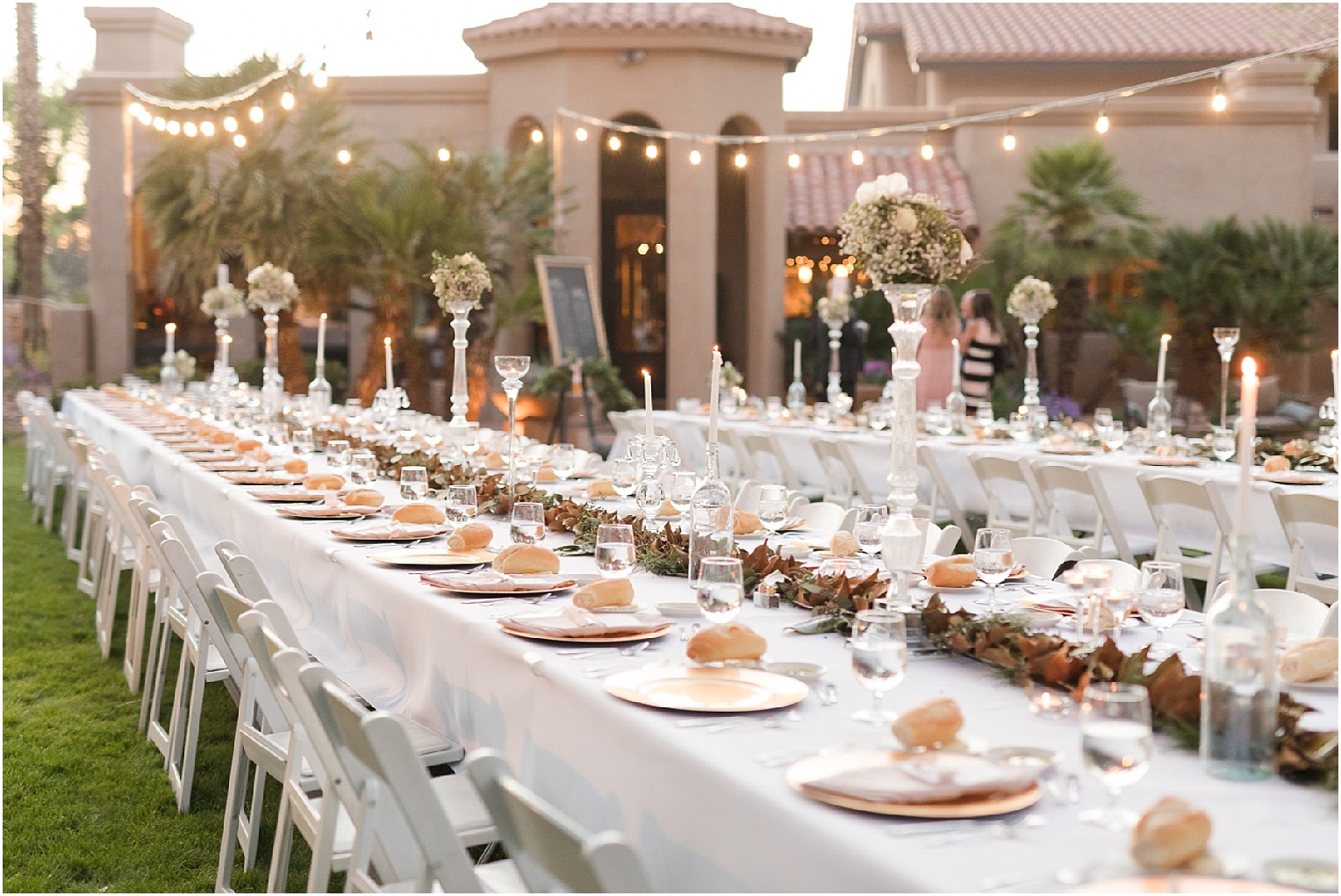 Intimate Backyard Wedding Tucson, AZ Chanel + Eddie outdoor reception details with strand lighting