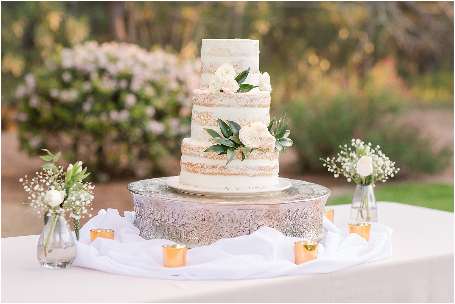 Intimate Backyard Wedding Tucson, AZ Chanel + Eddie outdoor reception details white wedding cake
