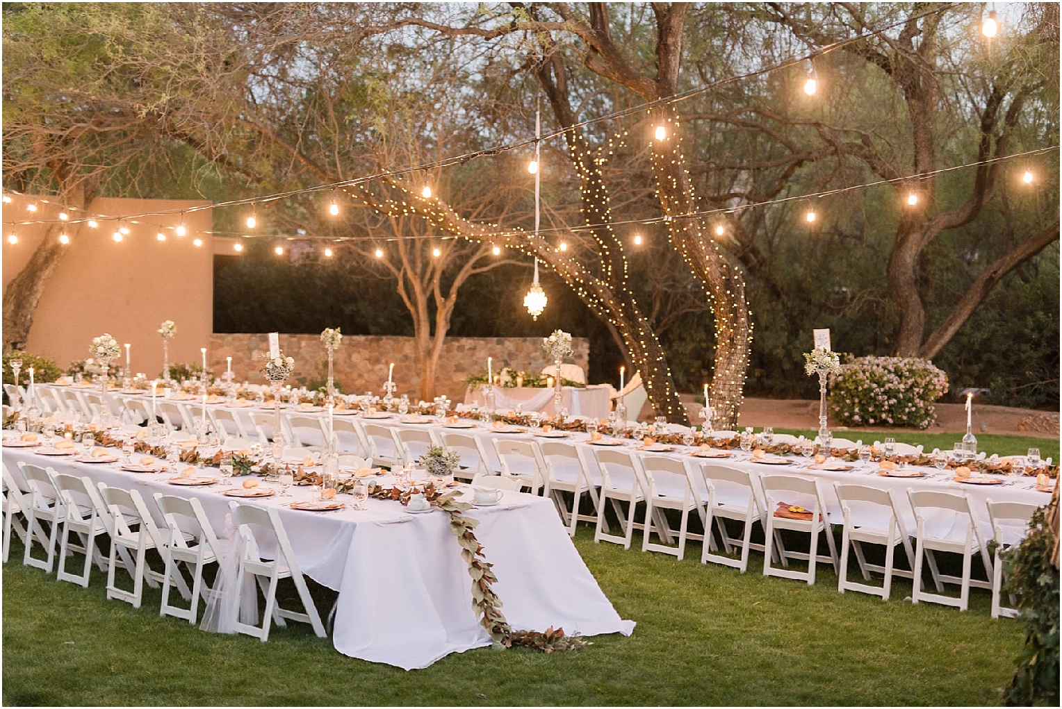 Intimate Backyard Wedding Tucson, AZ Chanel + Eddie outdoor reception details with strand lighting