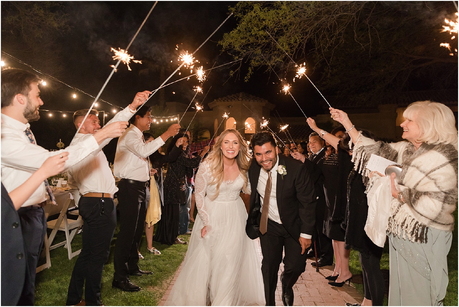 Intimate Backyard Wedding Tucson, AZ Chanel + Eddie outdoor reception sparkler wedding send off
