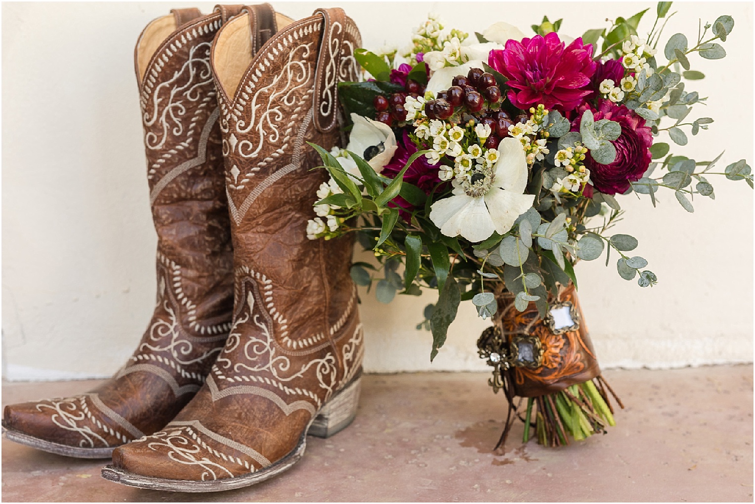 St. Ann's Chapel + Ranch Wedding Tucson AZ Dominique + Luke bridal shoes and flowers