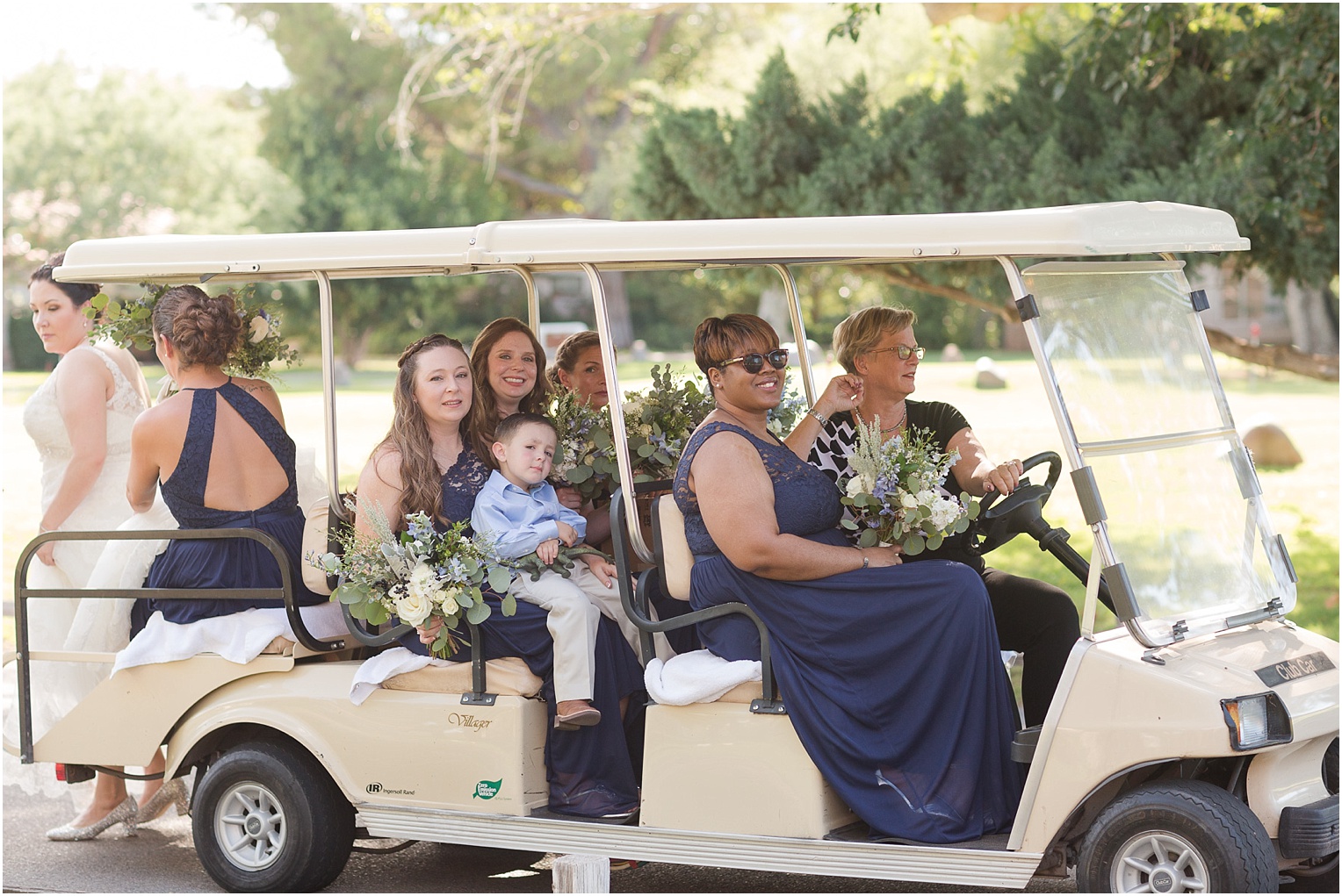 Tubac Golf Resort Wedding Tucson AZ Ashley and Paul rustic vintage shades of blue wedding golf cart bridesmaid portraits