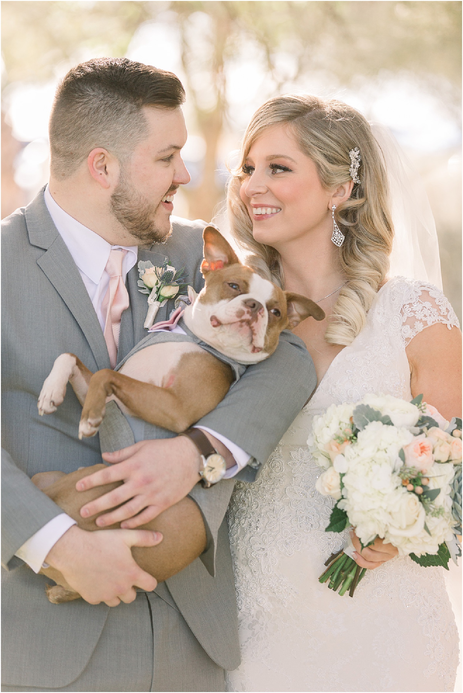Annabelle + James Hilton El Conquistador Wedding outdoor bride and groom portraits with puppy