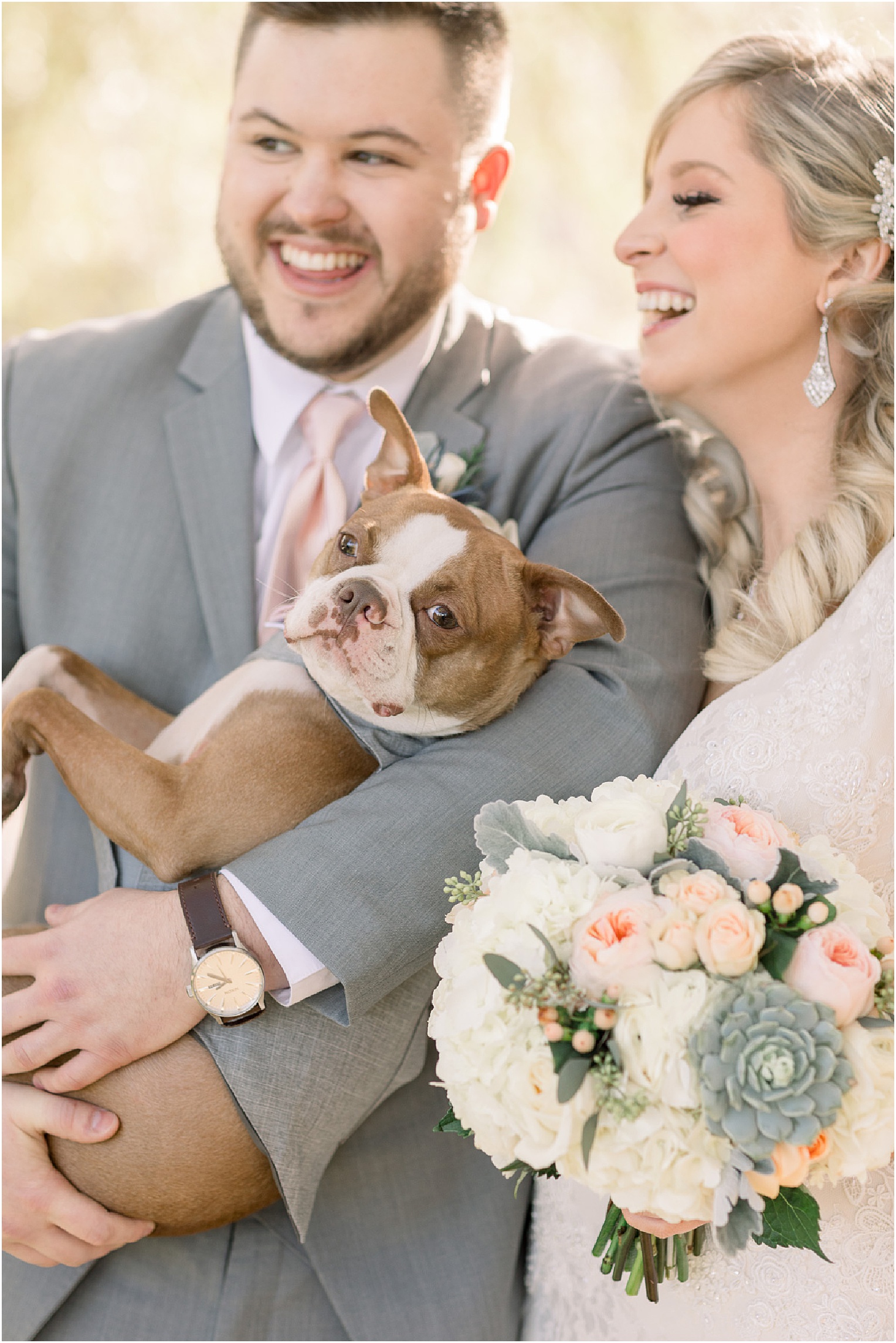 Annabelle + James Hilton El Conquistador Wedding outdoor bride and groom portraits with puppy
