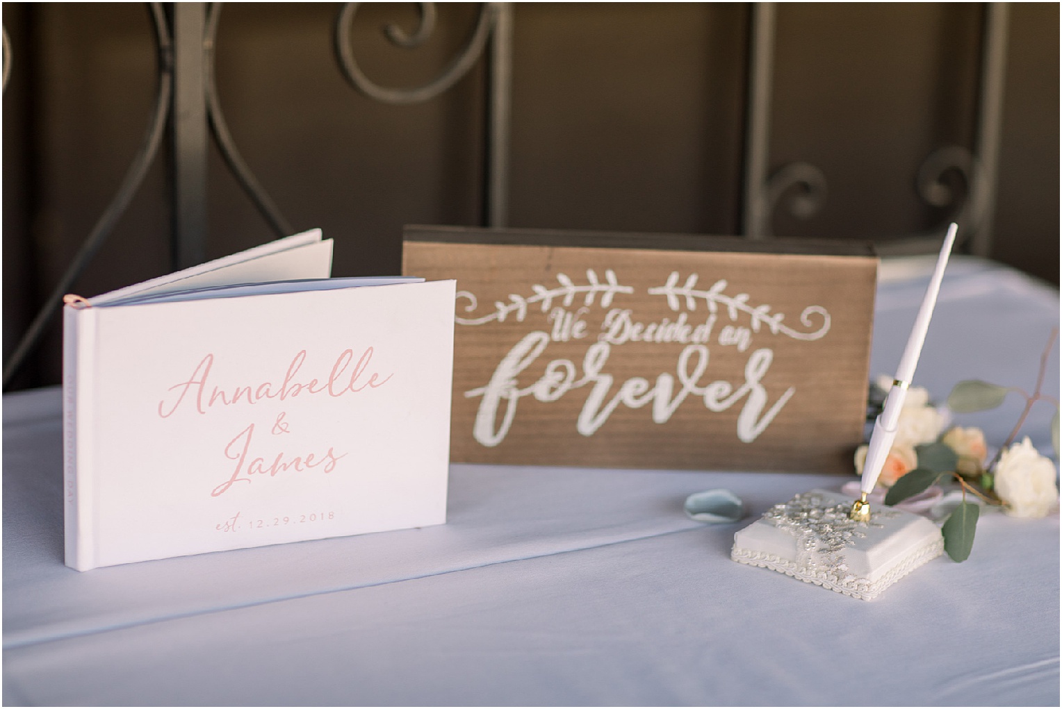 Annabelle + James Hilton El Conquistador Wedding outdoor wedding ceremony wooden calligraphed sign