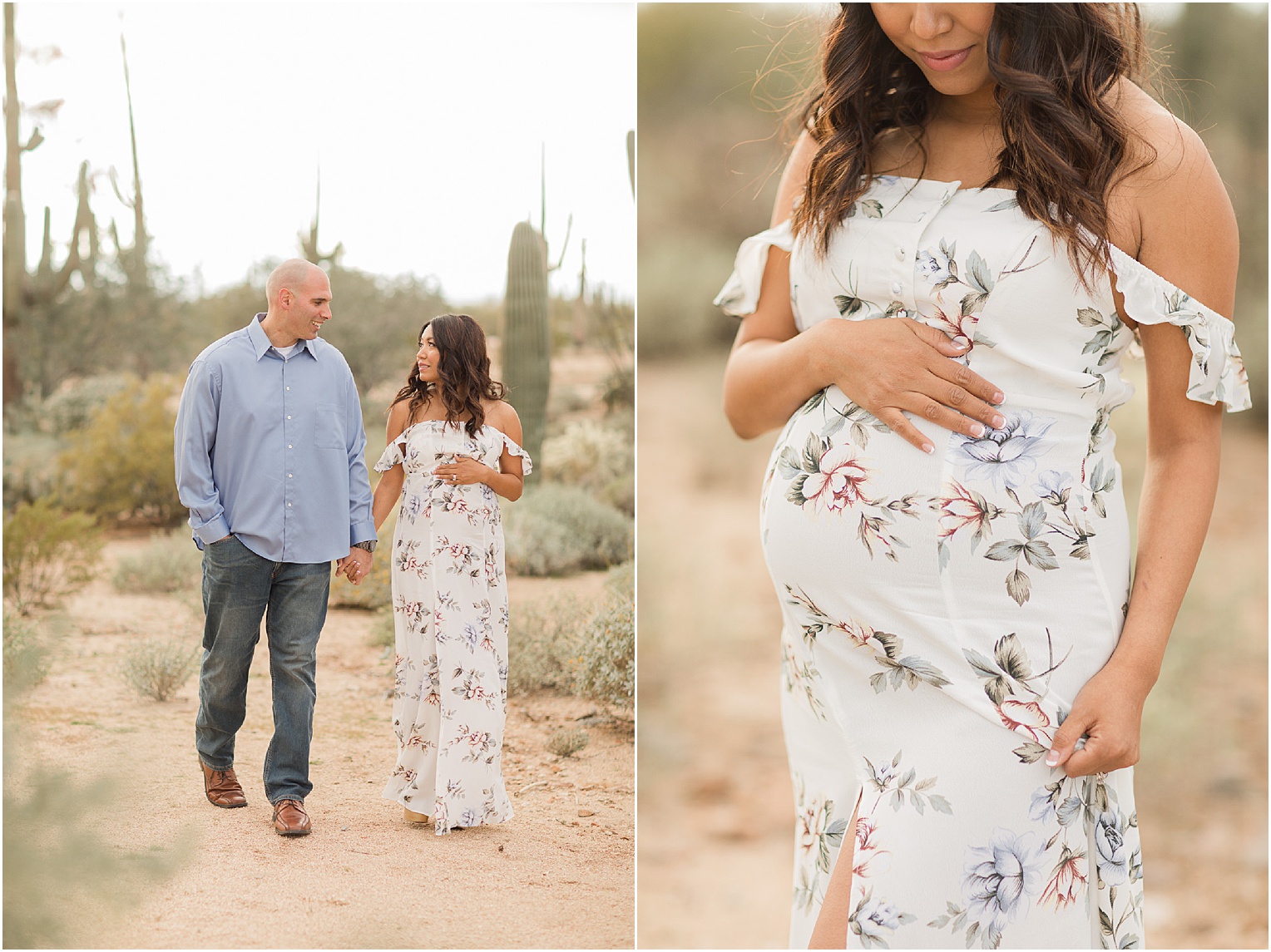 Tucson Maternity Pictures Tucscon AZ Melissa + Matt romantic sunset desert maternity photos with blush and floral maternity dress