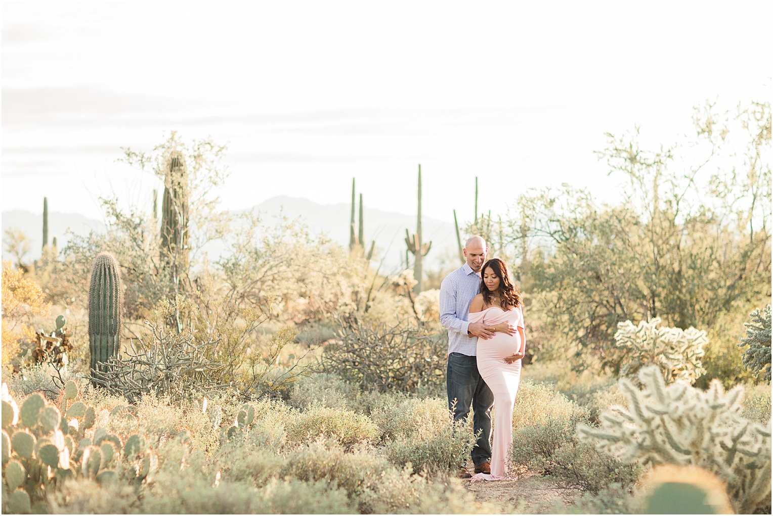 Tucson Maternity Pictures Tucscon AZ Melissa + Matt romantic sunset desert maternity photos with blush and floral maternity dress