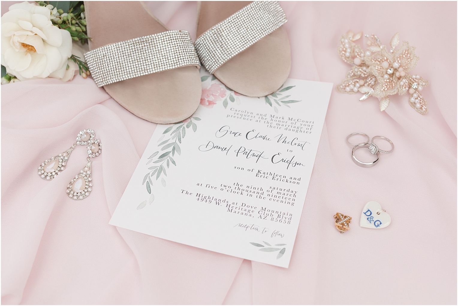 Highlands at Dove Mountain Wedding Grace + Danny blush and ivory spring wedding invitations with rings and shoes