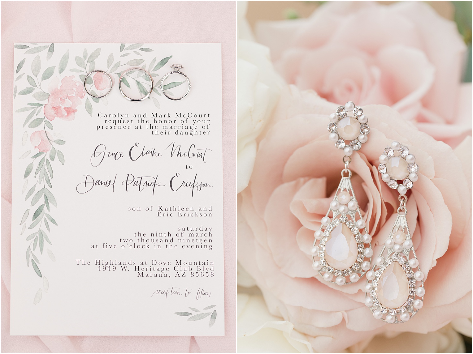 Highlands at Dove Mountain Wedding Grace + Danny blush and ivory spring wedding invitations with rings and earrings