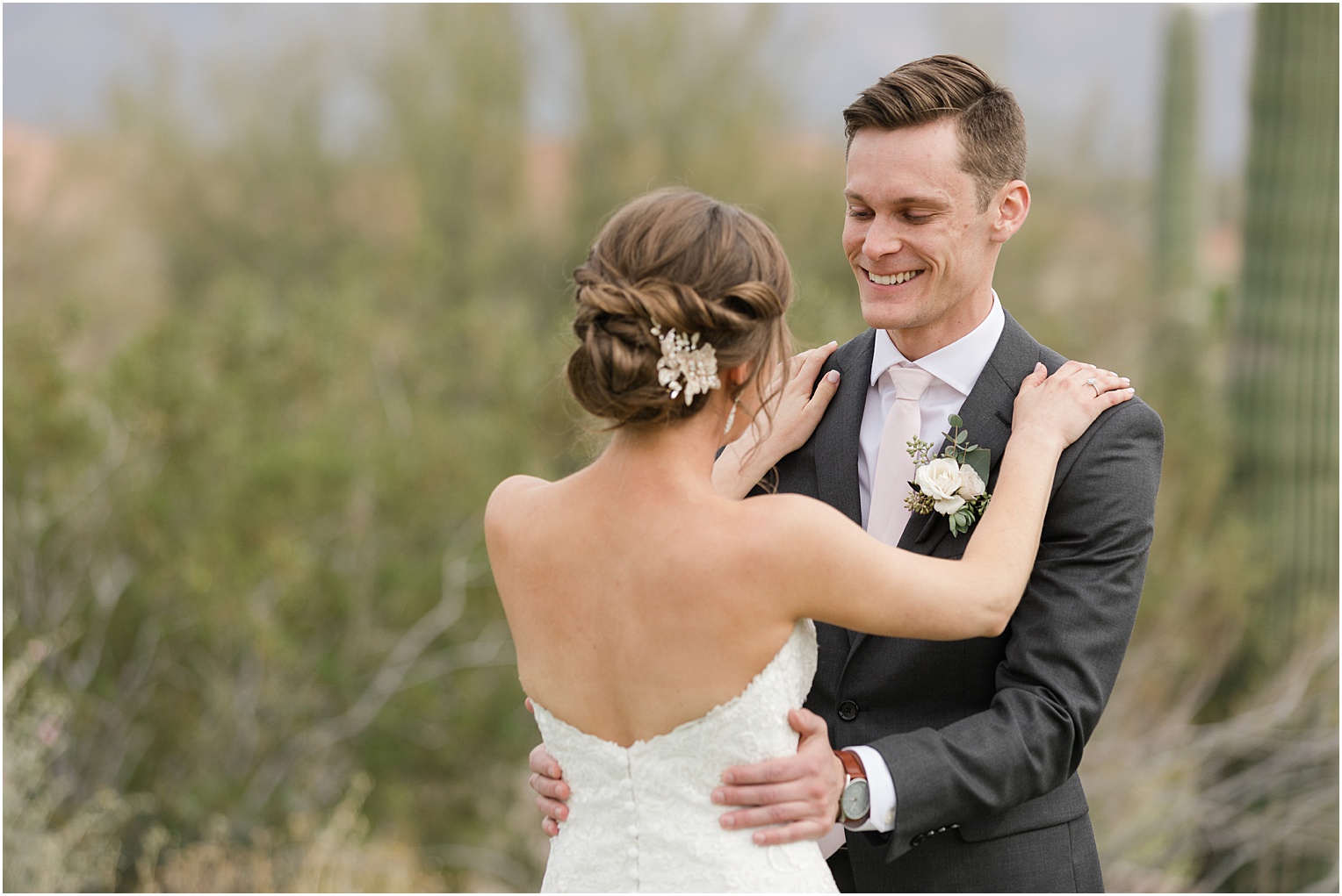Highlands at Dove Mountain Wedding Grace + Danny romantic bride and groom first look photos