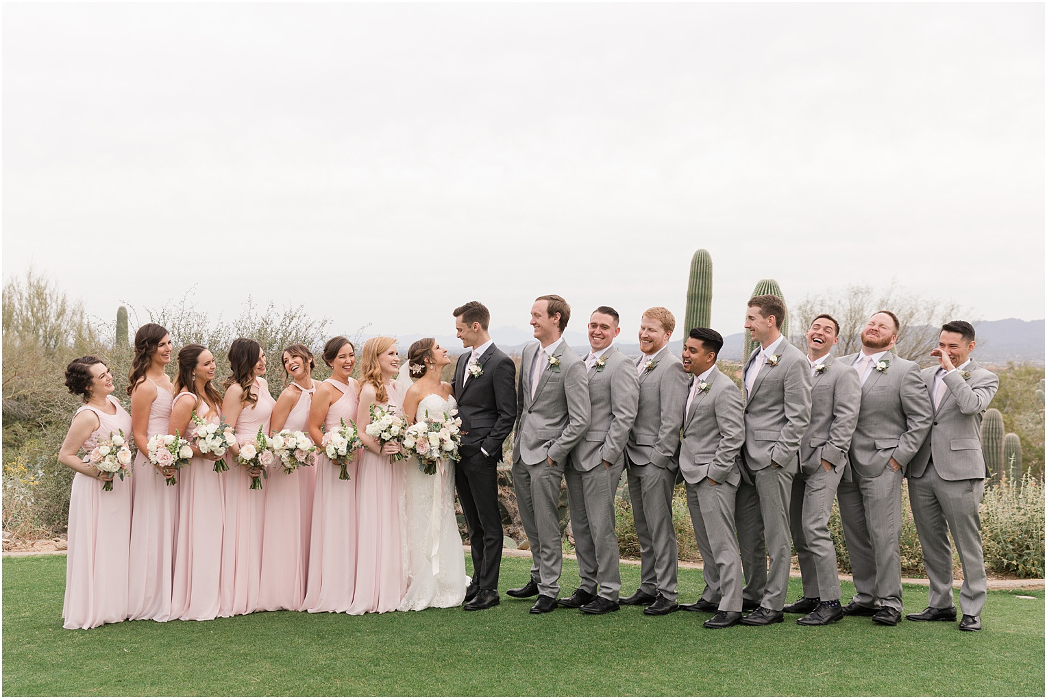 Highlands at Dove Mountain Wedding Grace + Danny Bridal Party photos with bridesmaids in blush dresses and groomsmen in light grey