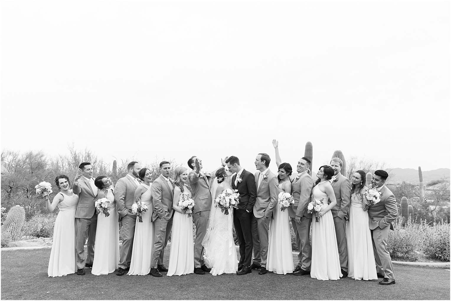 Highlands at Dove Mountain Wedding Grace + Danny Bridal Party photos with bridesmaids in blush dresses and groomsmen in light grey