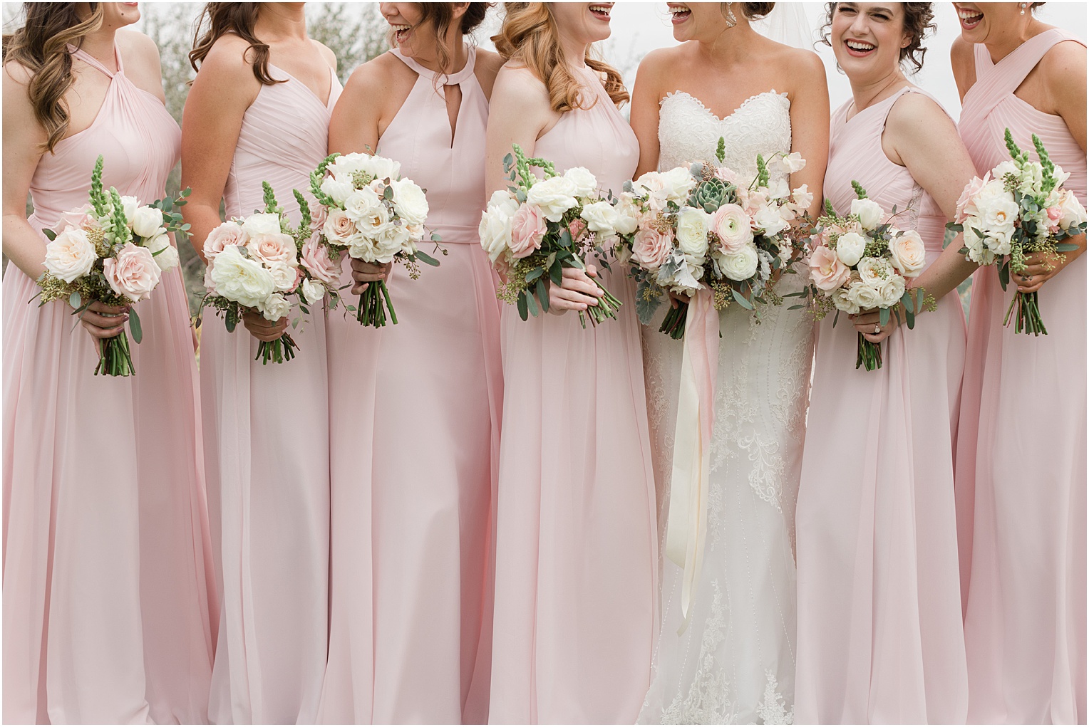 Highlands at Dove Mountain Wedding Grace + Danny bridesmaids with romantic blush and ivory bouquet with succulents