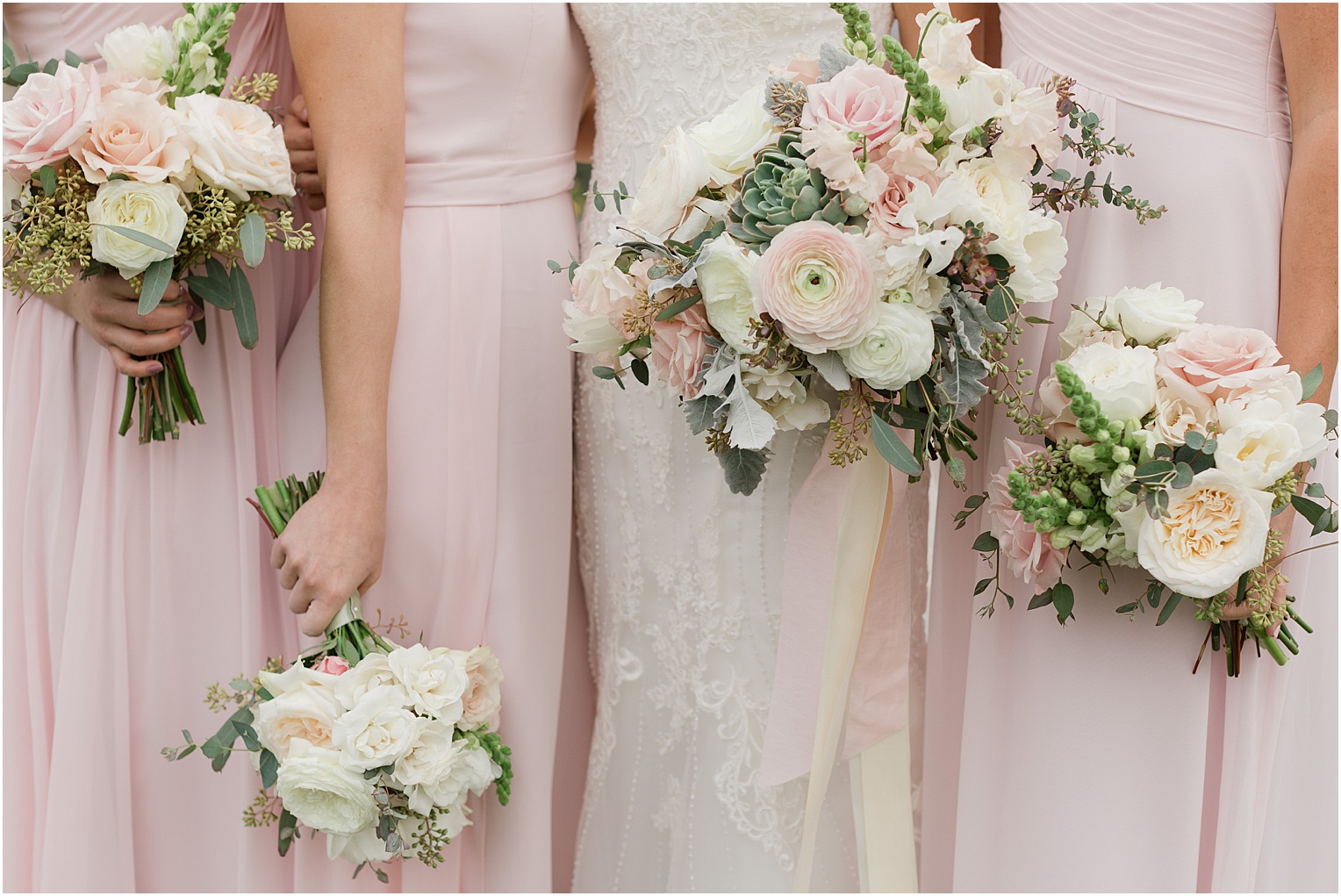 Highlands at Dove Mountain Wedding Grace + Danny bridesmaids with romantic blush and ivory bouquet with succulents