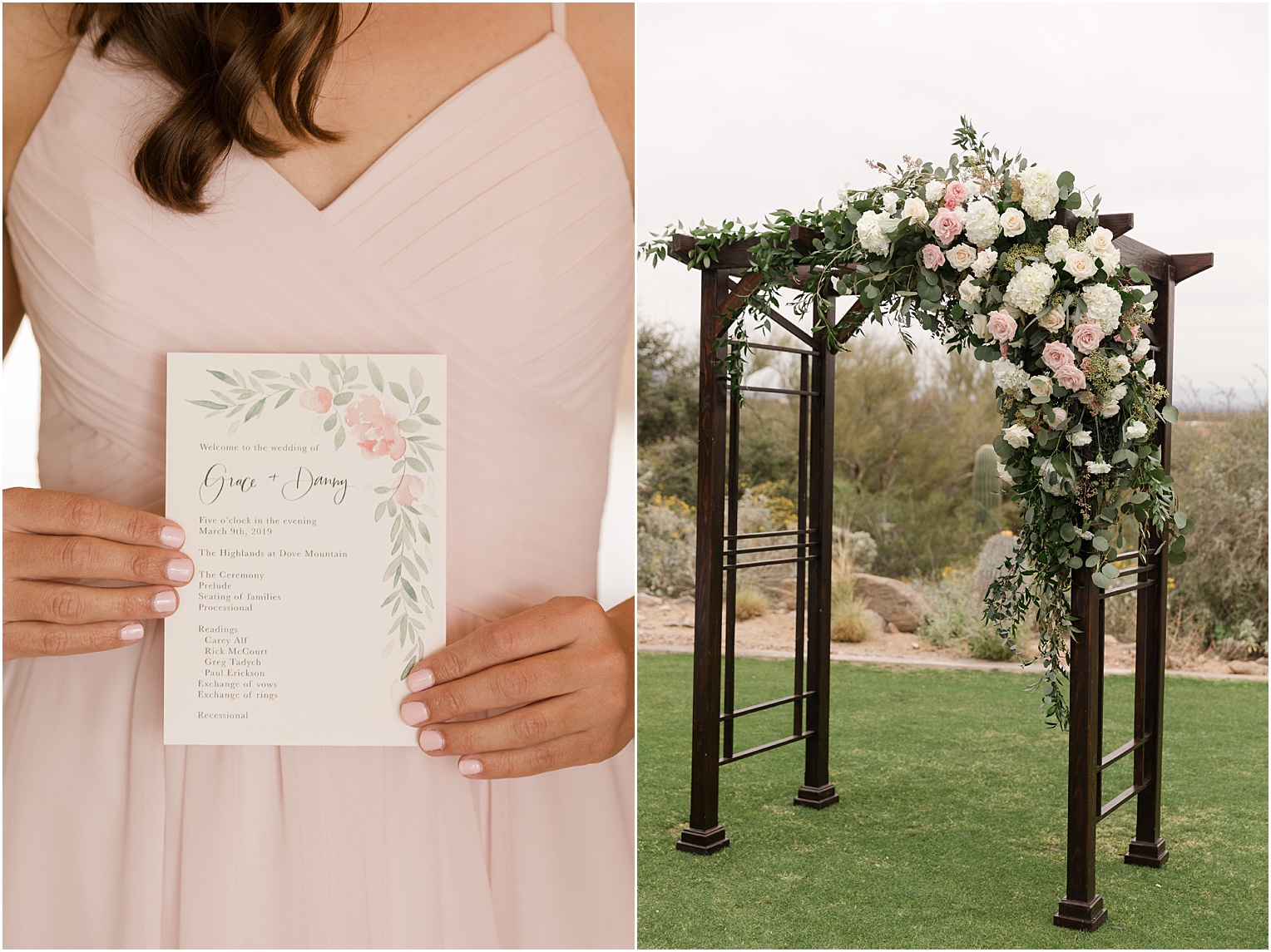 Highlands at Dove Mountain Wedding Grace + Danny romantic outdoor blush ceremony with floral altar and invitation