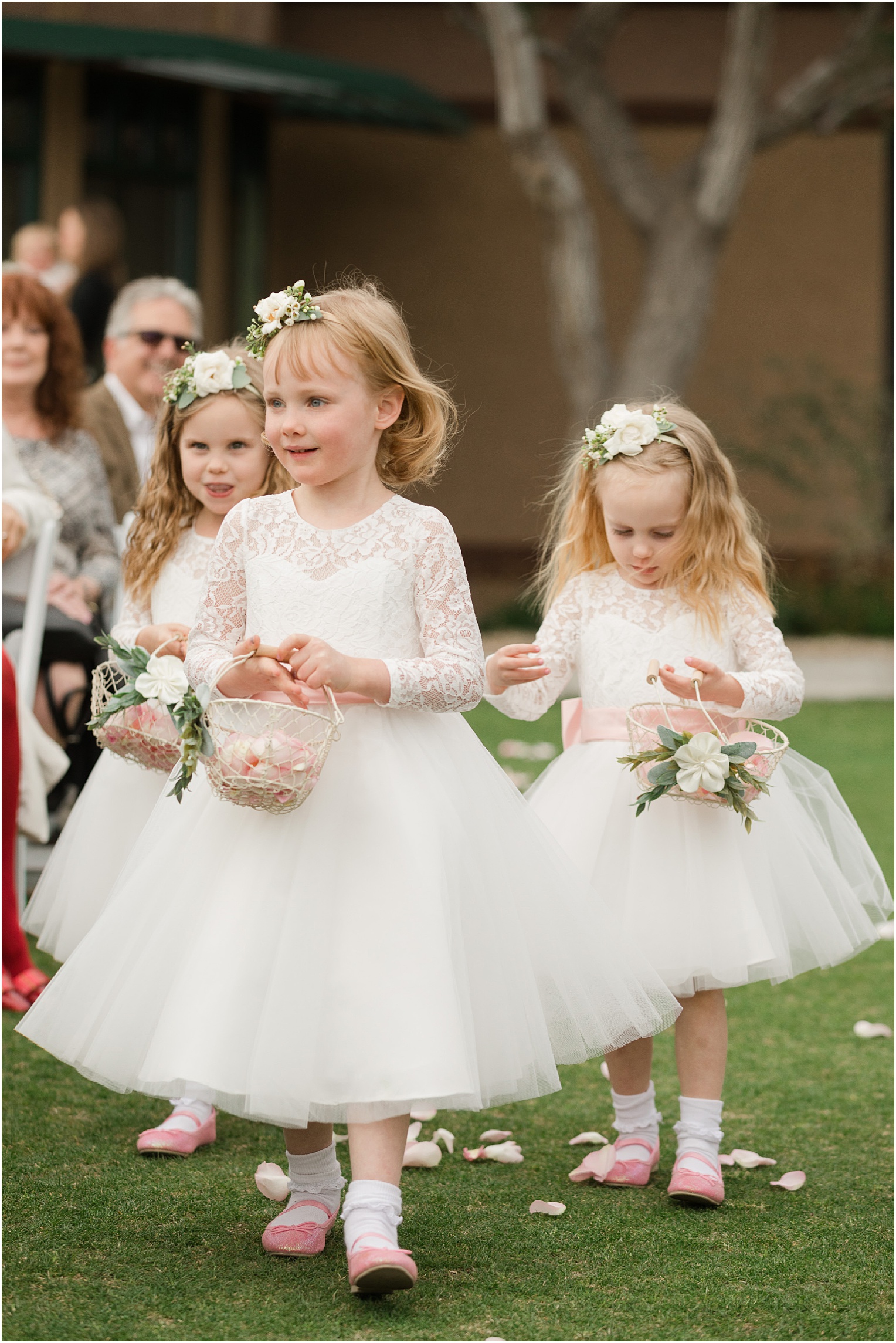 Highlands at Dove Mountain Wedding Grace + Danny flower girl photos at outdoor ceremony