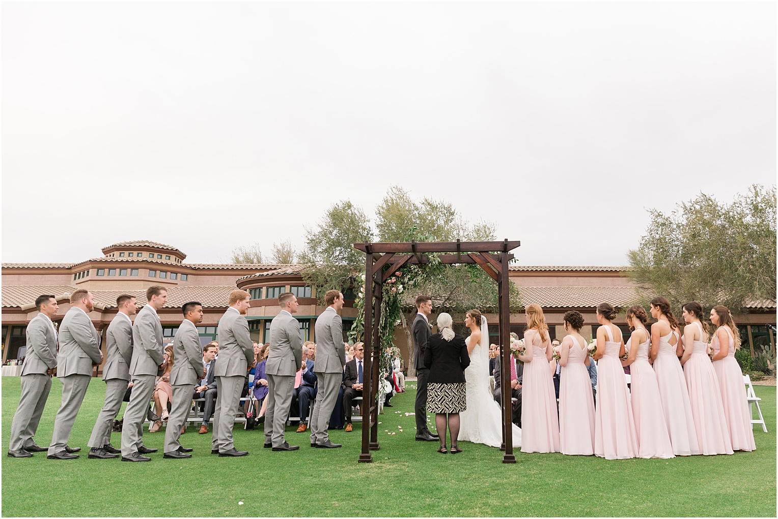 Highlands at Dove Mountain Wedding Grace + Danny romantic outdoor blush ceremony with floral altar