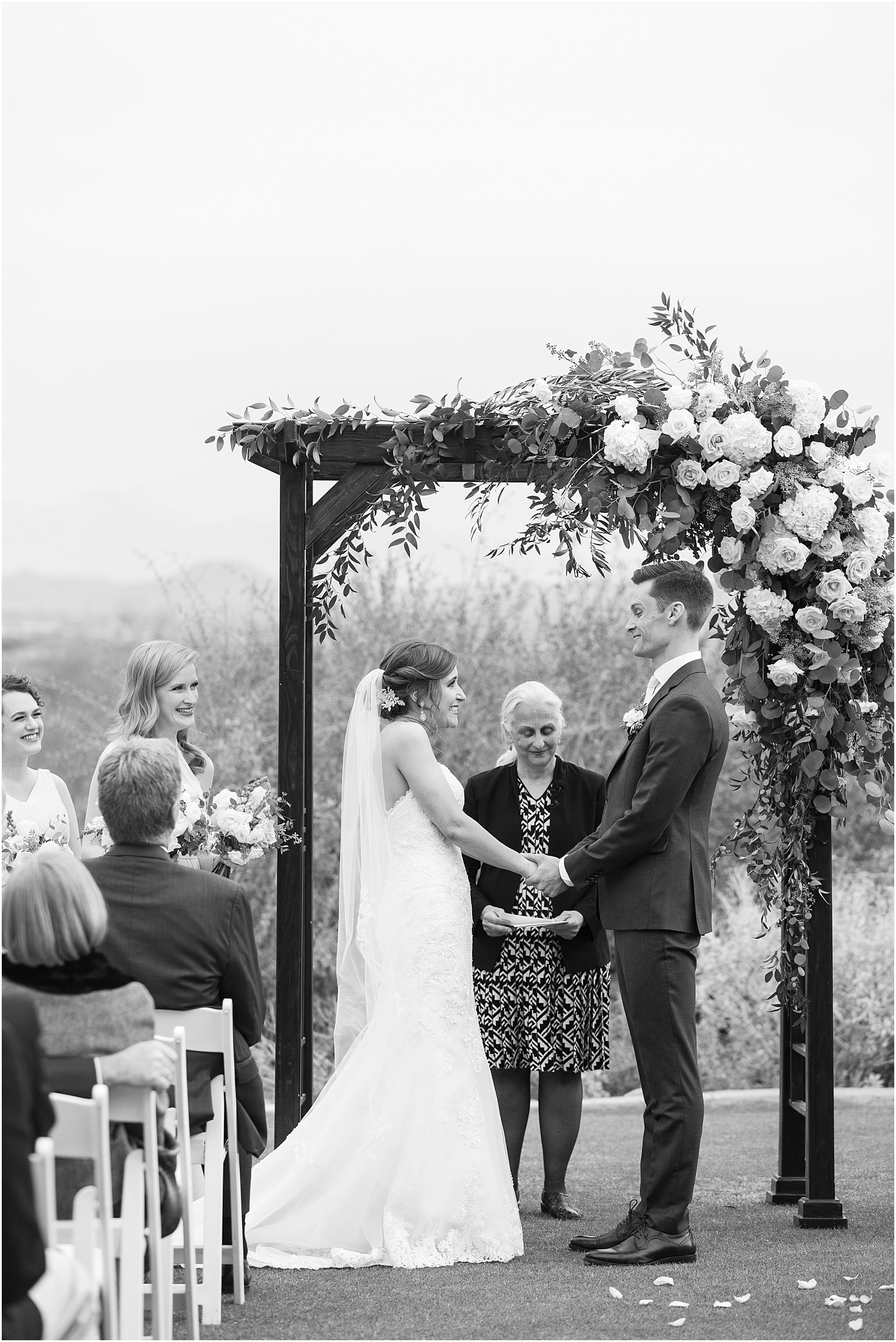 Highlands at Dove Mountain Wedding Grace + Danny black and white romantic bride and groom photos at outdoor ceremony