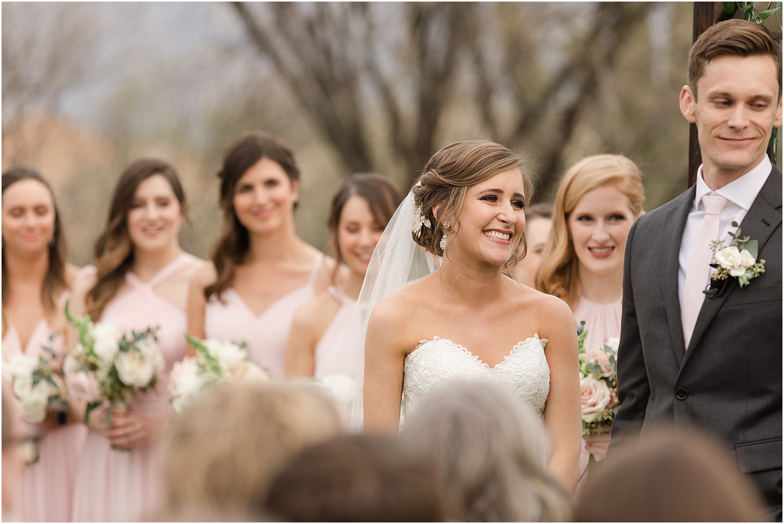 Highlands at Dove Mountain Wedding Grace + Danny romantic outdoor blush ceremony with floral altar