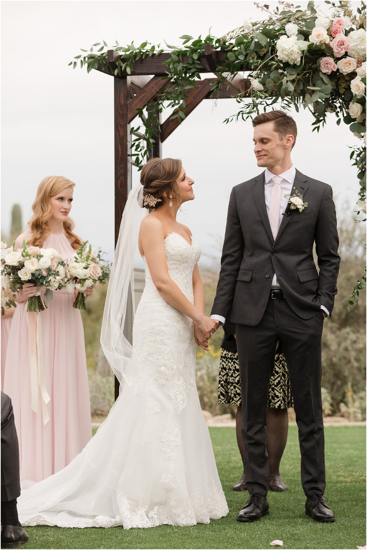 Highlands at Dove Mountain Wedding Grace + Danny romantic bride and groom outdoor blush ceremony with floral altar