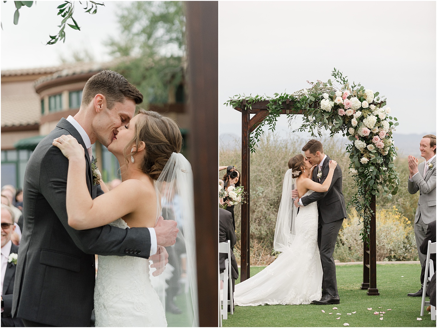 Highlands at Dove Mountain Wedding Grace + Danny romantic bride and groom ceremony kiss