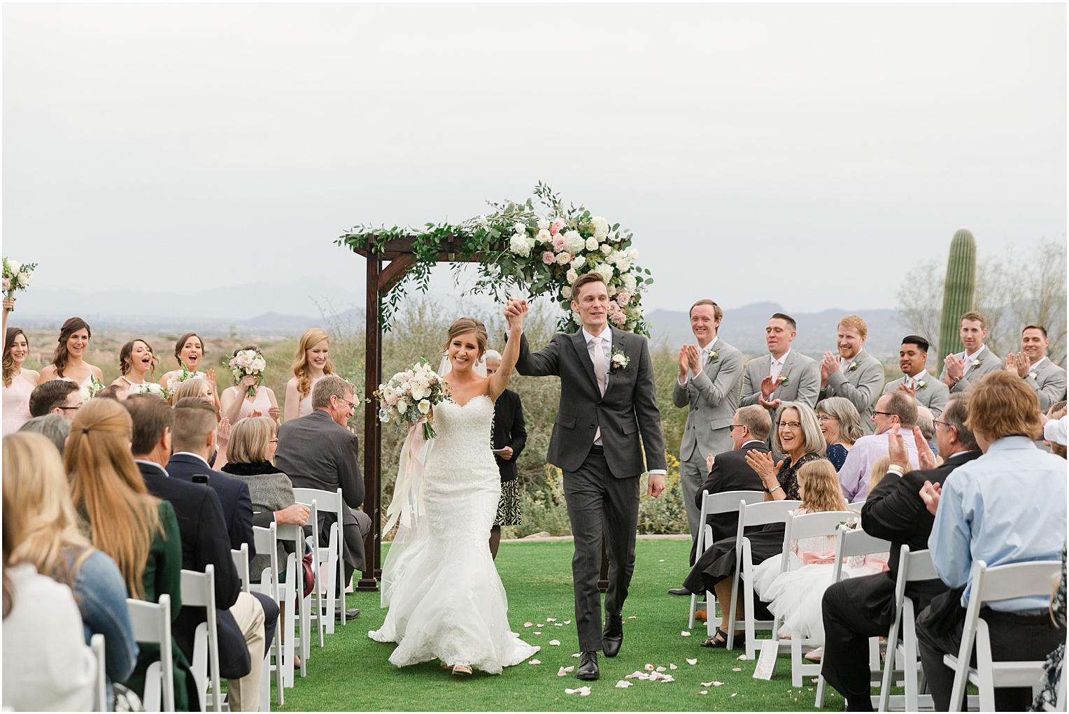 Highlands at Dove Mountain Wedding Grace + Danny romantic bride and groom ceremony recessional photos