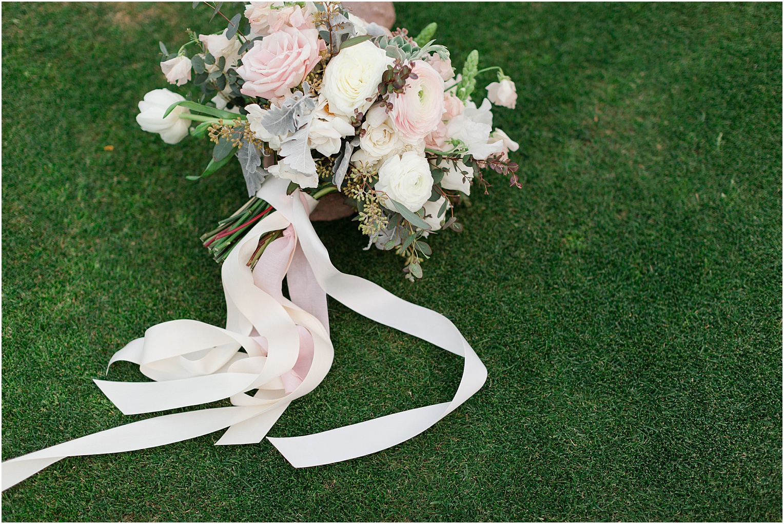 Highlands at Dove Mountain Wedding Grace + Danny blush wedding bouquet with ribbons