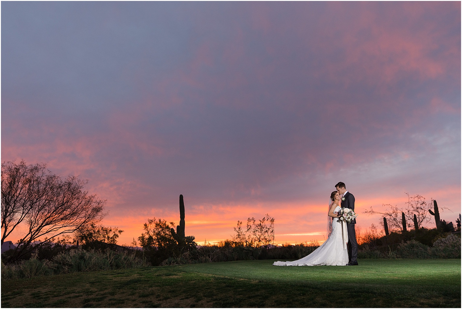 Highlands at Dove Mountain Wedding Grace + Danny bride and groom photos with the Arizona sunset