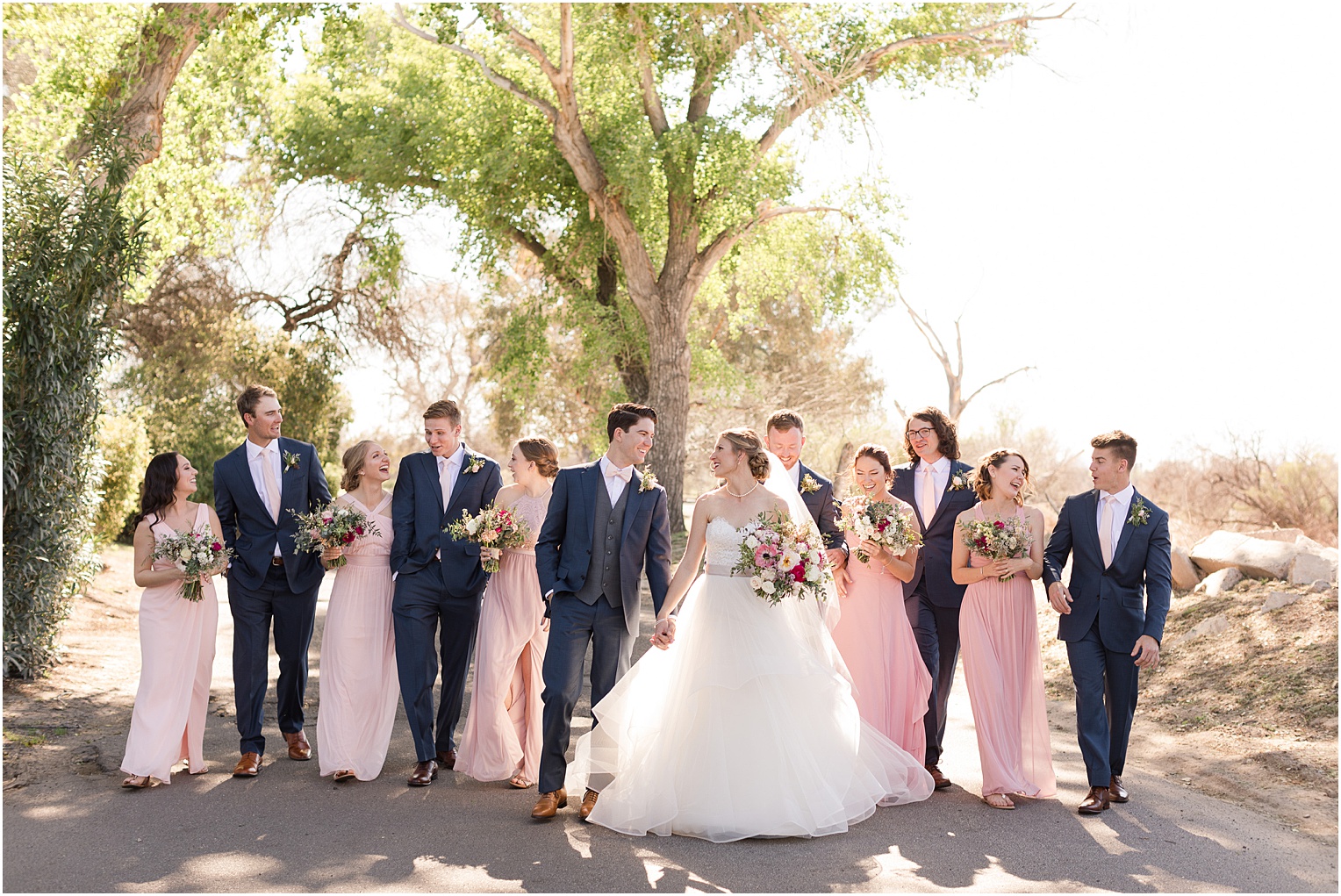 La Mariposa Wedding Tucson AZ blush and navy bridal party portraits