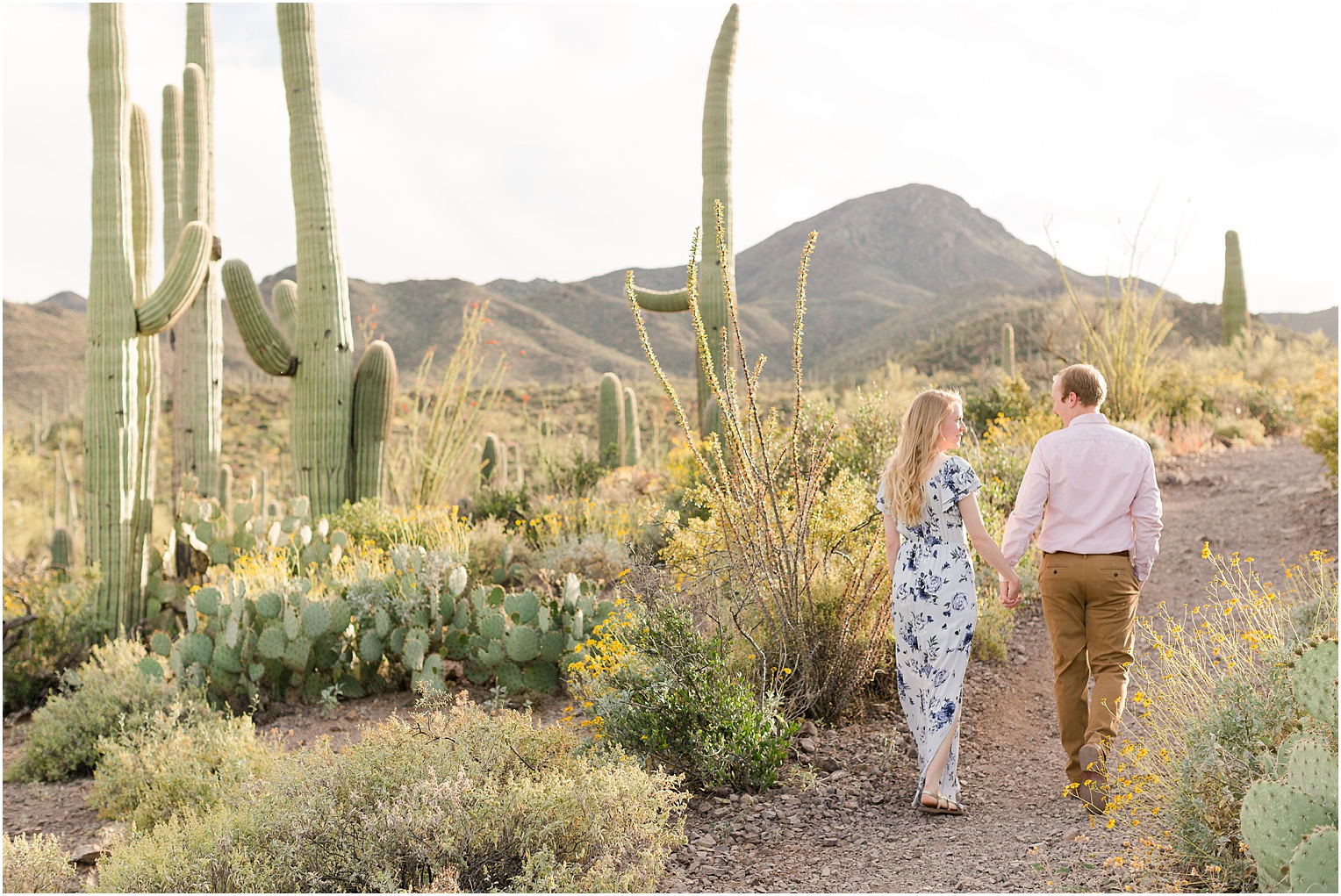 Tucson Engagement Photos Tucson AZ Emily + Brad Romantic Spring Dessert Engagement Session with Floral Floor length Dress