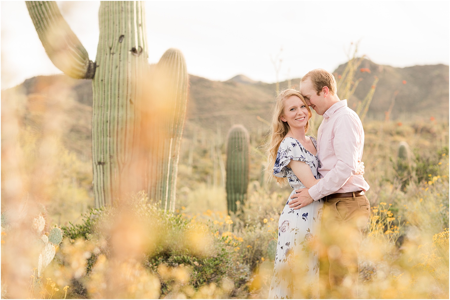 Tucson Engagement Photos Tucson AZ Emily + Brad Romantic Spring Dessert Engagement Session with Floral Floor length Dress