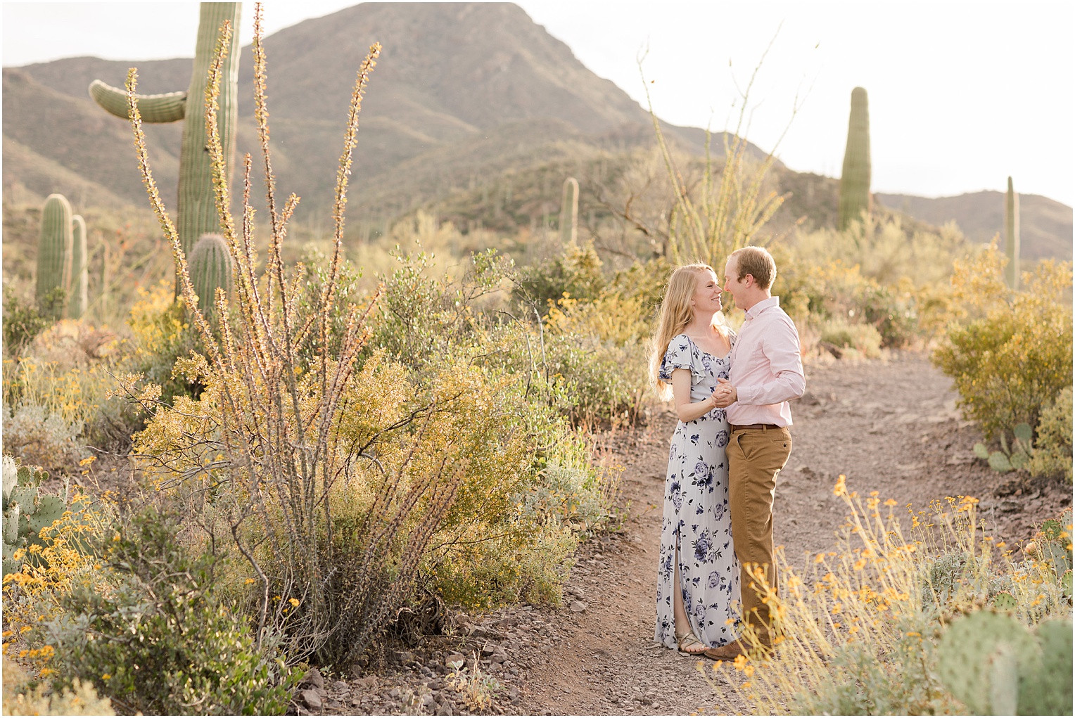 Tucson Engagement Photos Tucson AZ Emily + Brad Romantic Spring Dessert Engagement Session with Floral Floor length Dress