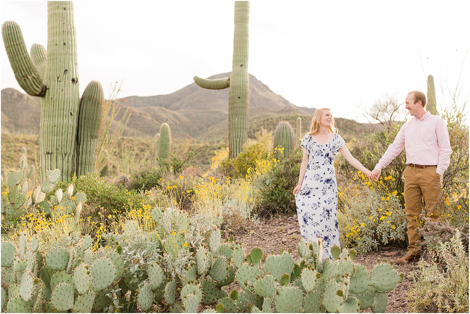 Tucson Engagement Photos Tucson AZ Emily + Brad Romantic Spring Dessert Engagement Session with Floral Floor length Dress