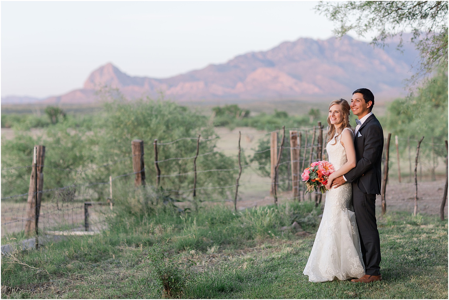 Agua Linda Farm Wedding Tucson AZ Megan & Jorge sunset bride and groom portraits