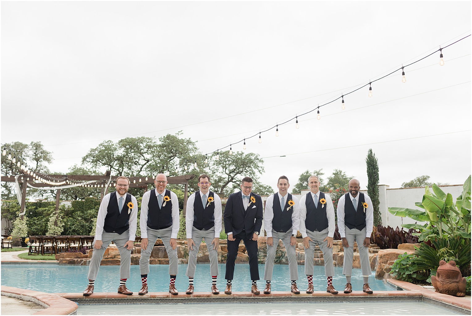 Garden Grove Wedding Venue in Austin, Texas Sarah & Viktor light blue and sunflower wedding groomsmen socks