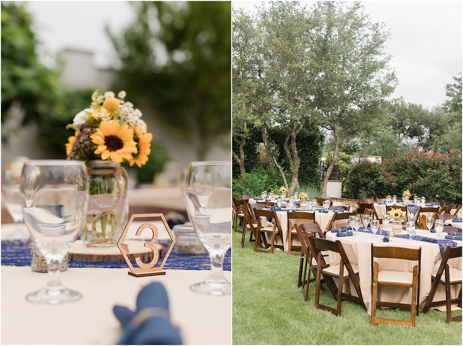 Garden Grove Wedding Venue in Austin, Texas Sarah & Viktor light blue and sunflower wedding outdoor reception details