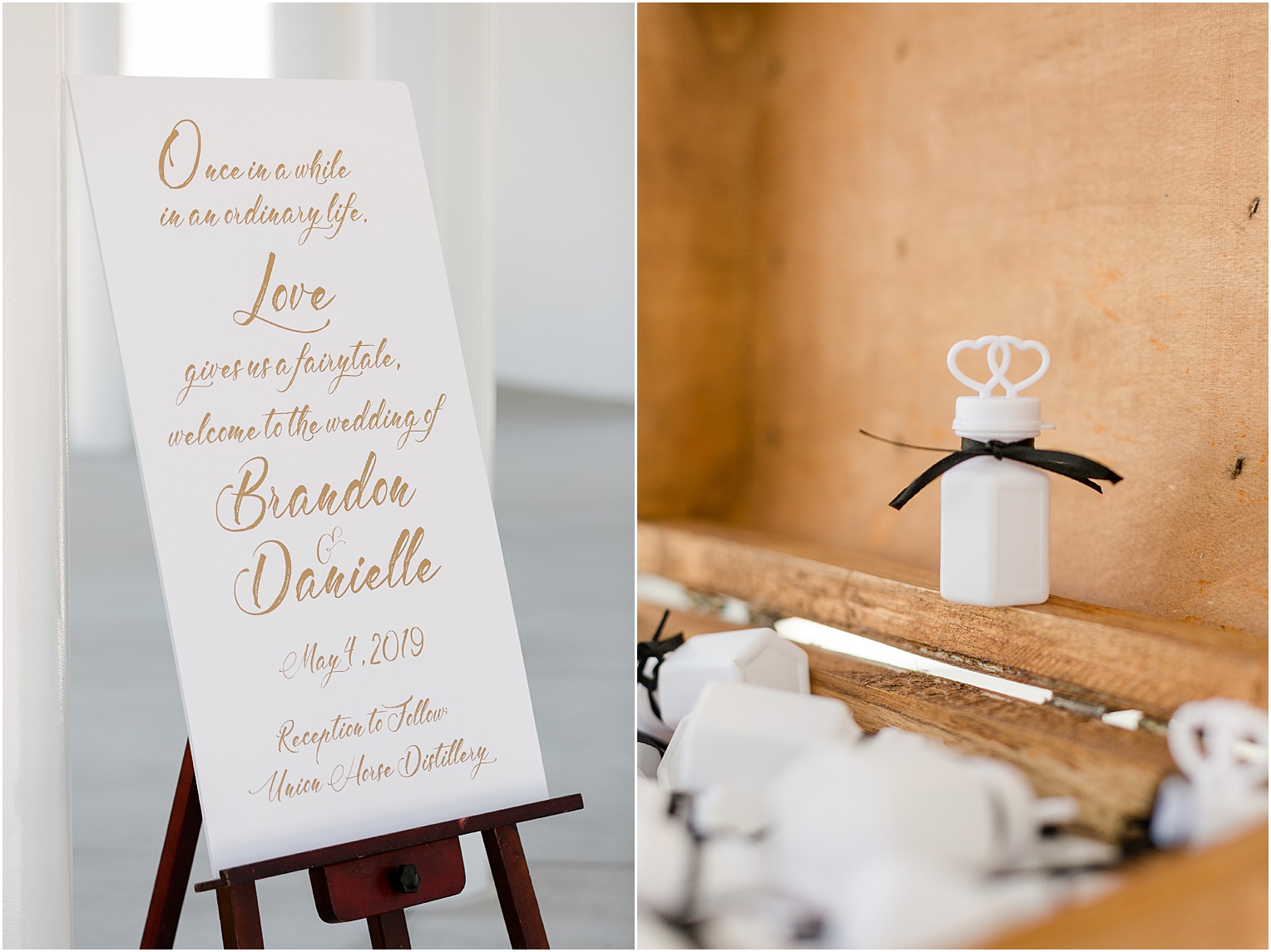 Kansas City Wedding at Union Horse Distilling Co. Danielle + Brandon Neutral White and Navy Spring wedding outdoor ceremony calligraphed sign and bubbles