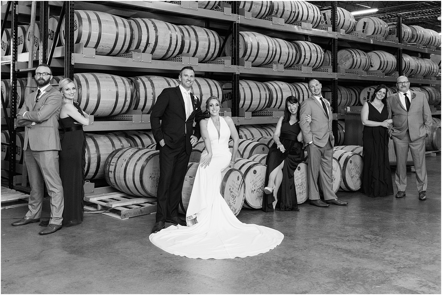 Kansas City Wedding at Union Horse Distilling Co. Danielle + Brandon Neutral White and Navy Spring wedding bridal party distillery photos