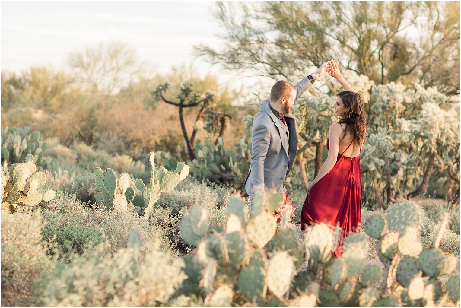 Burgundy and Grey Outfits for Arizona Desert Engagement Pictures Tucson, AZ Morgan + Louie 