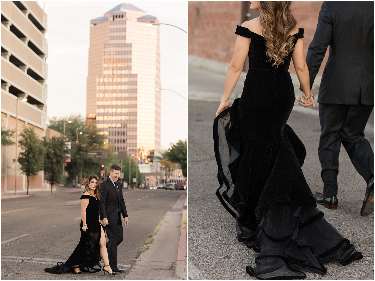 Elegant Downtown Tucson engagement pictures Tucson AZ Farnaz + Brian floor length black evening dress