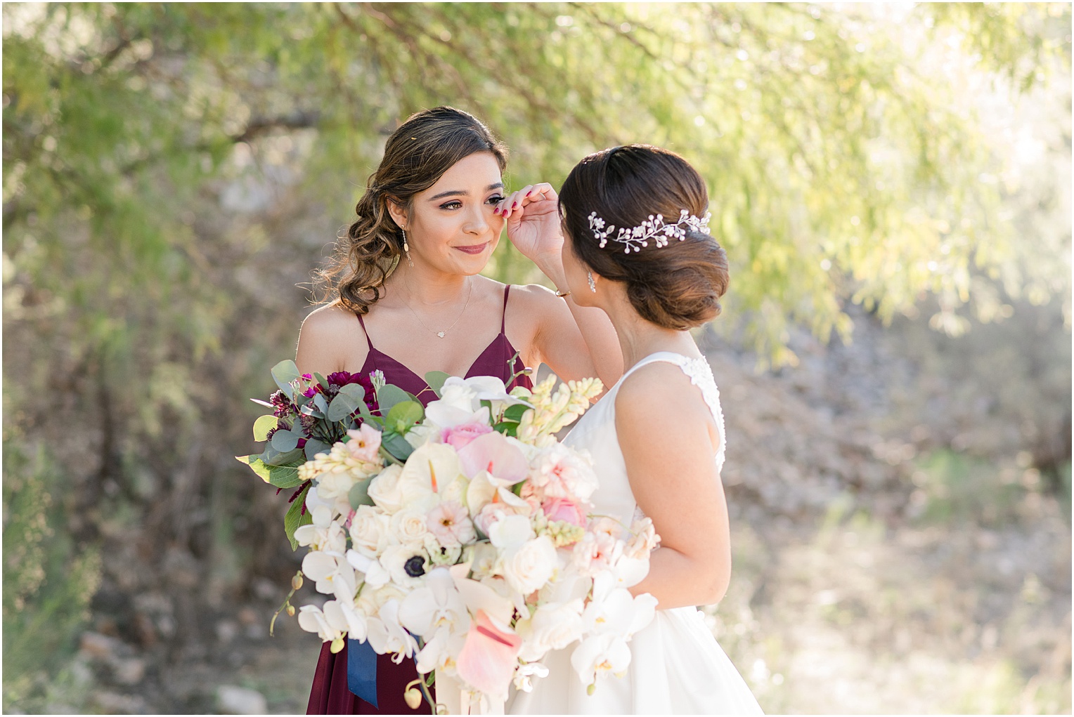 Saguaro Buttes Wedding Tucson, Arizona Farnaz & Brian emotional bridesmaid photos