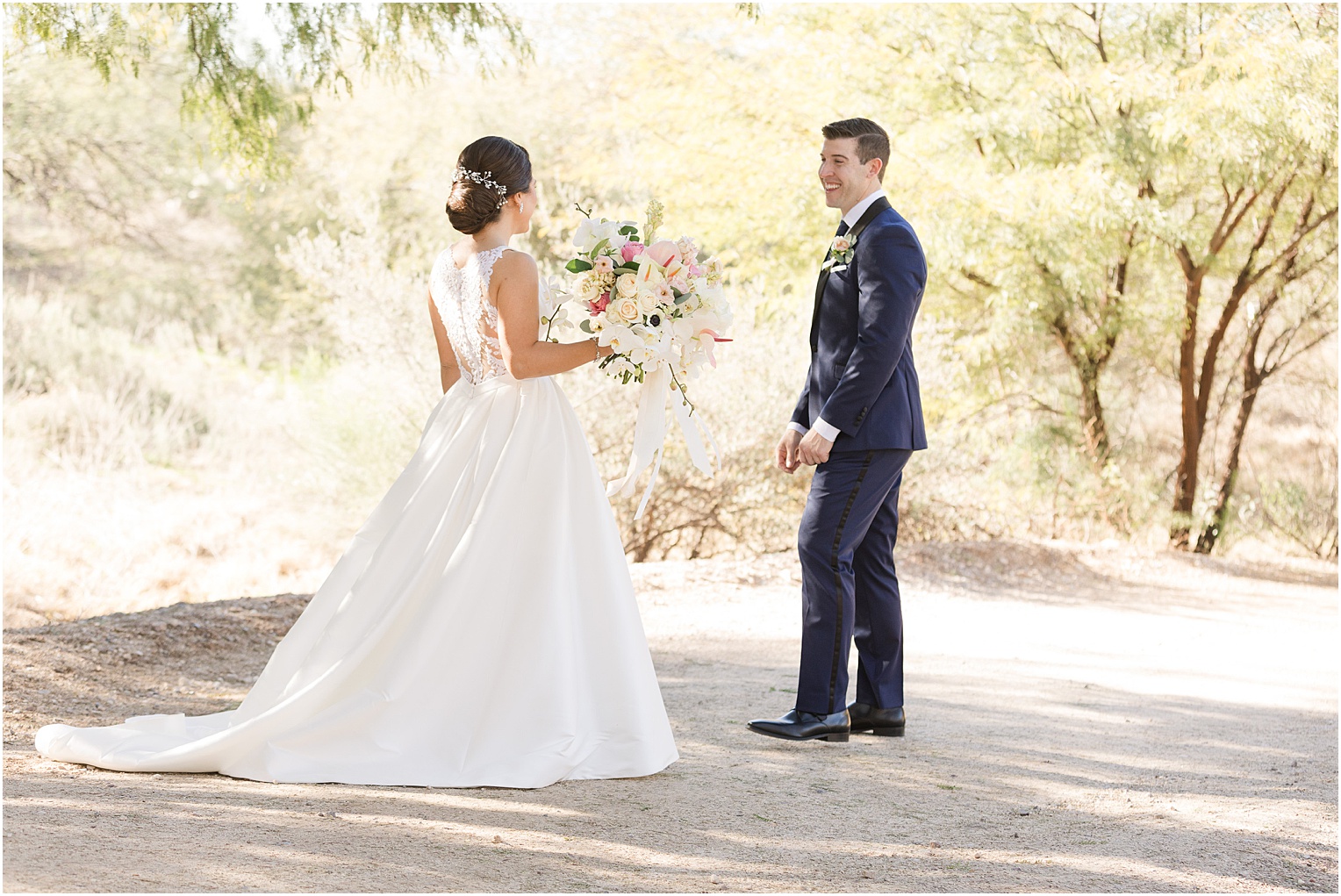 Saguaro Buttes Wedding Tucson, Arizona Farnaz & Brian romantic outdoor first look between bride and groom