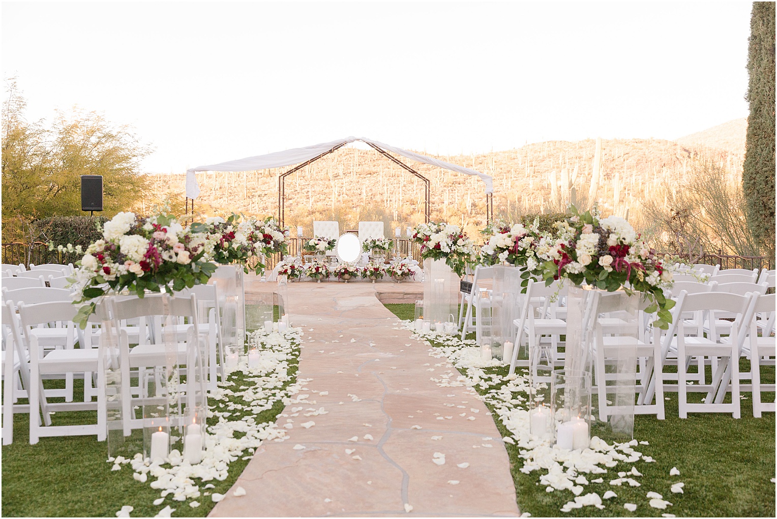 Saguaro Buttes Wedding Tucson, Arizona Farnaz & Brian romantic outdoor wedding with floral lined aisle