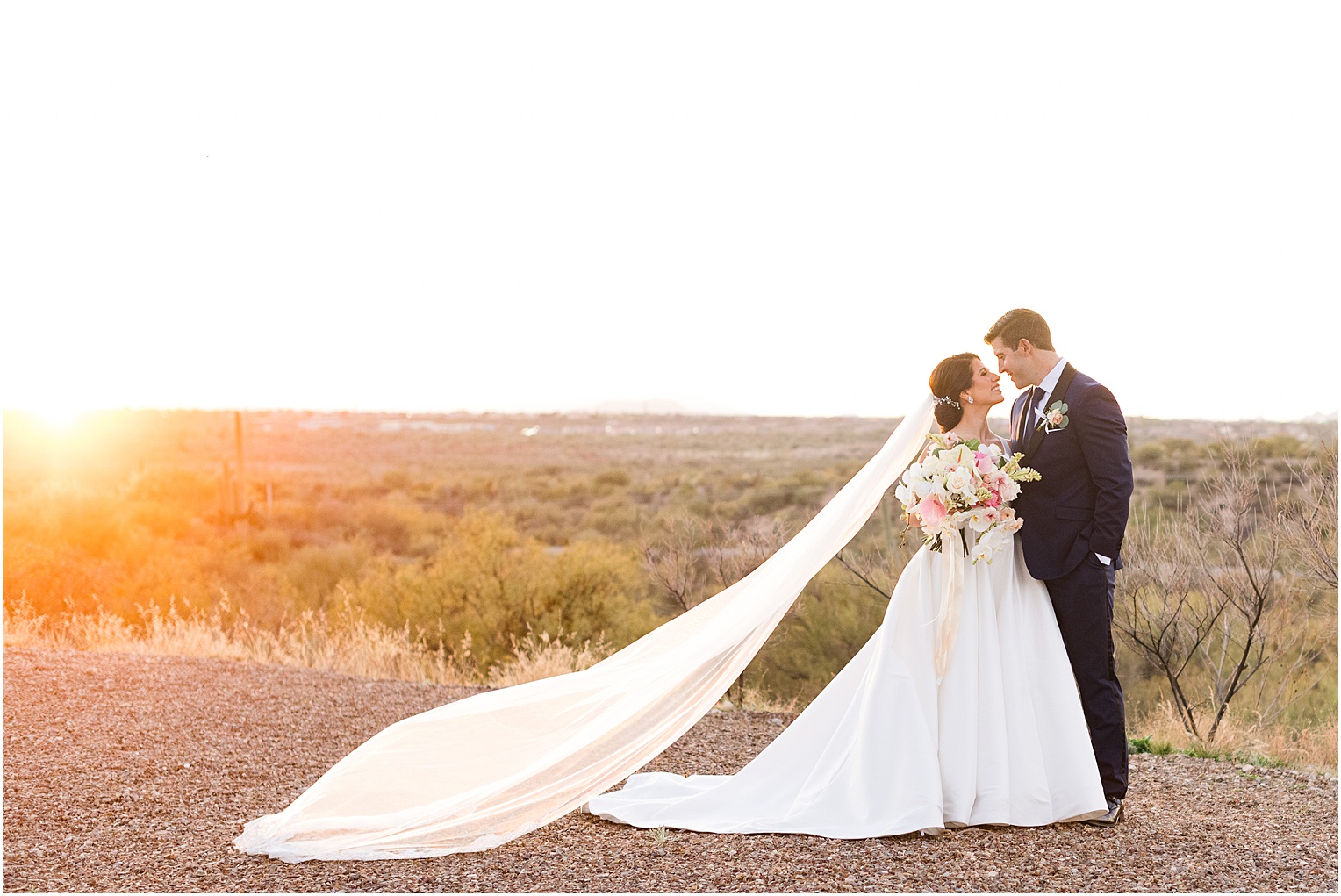 Saguaro Buttes Wedding Tucson, Arizona Farnaz & Brian romantic bride and groom pictures at sunset