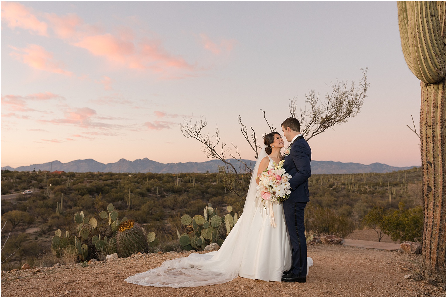 Saguaro Buttes Wedding Tucson, Arizona Farnaz & Brian romantic bride and groom pictures at sunset