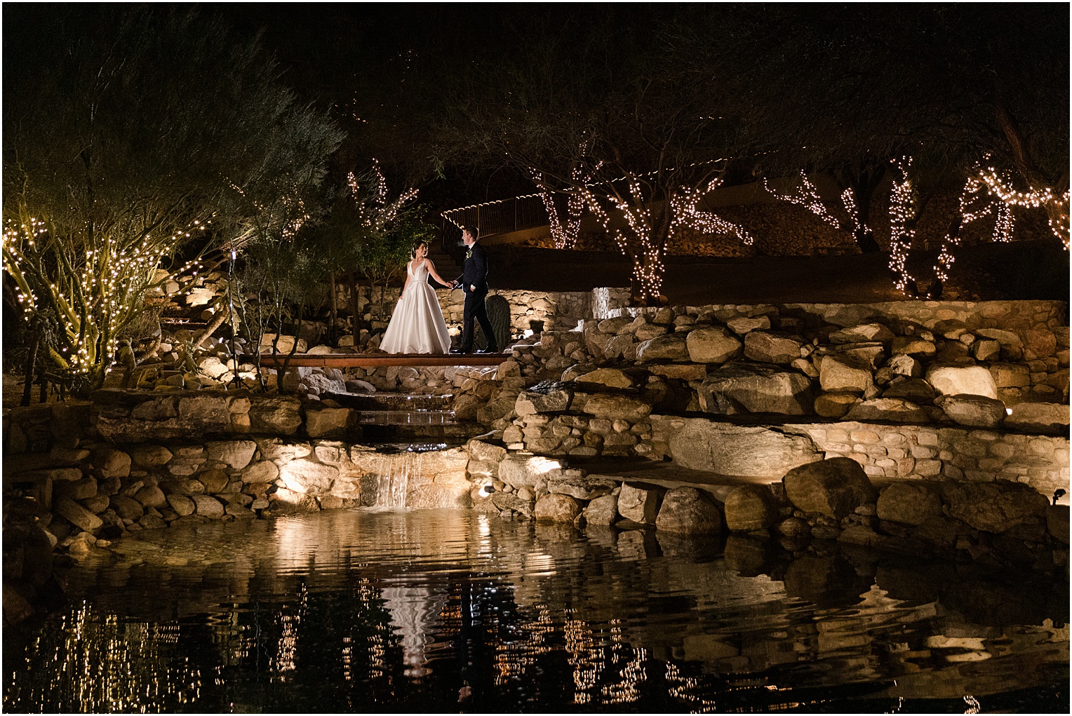 Saguaro Buttes Wedding Tucson, Arizona Farnaz & Brian romantic nighttime bride and groom photos by twinkle light in the garden