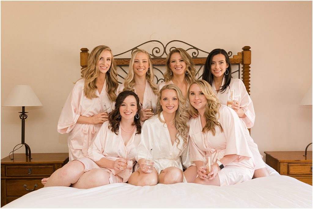 Tanque Verde Ranch Wedding Tucson, AZ Sloan + Garrett bridesmaids getting ready in matching blush robes